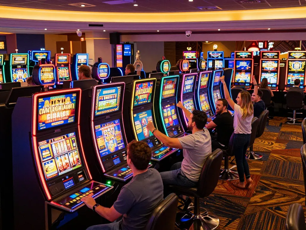 Players enjoying vibrant slot machines at open 88 casino, celebrating exciting wins