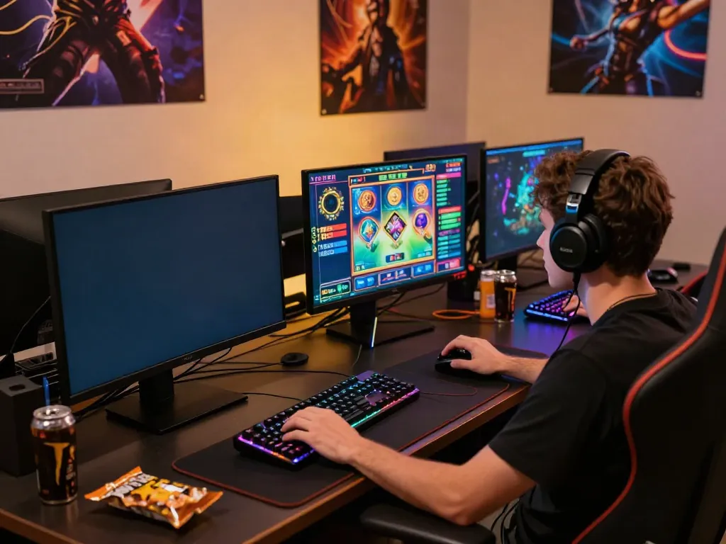 A player engaging in an akunjp slot game at a modern gaming station with vibrant visuals and snacks.