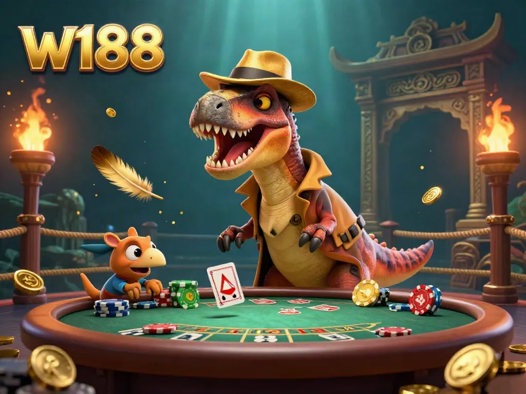 Experience the thrilling blackjack action at w188 where a velociraptor card counter discreetly plays, surrounded by excitement and colorful elements.