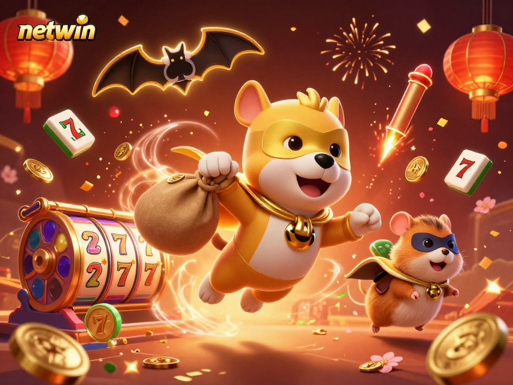 Experience the thrilling world of netwin with this vibrant casino illustration featuring a heroic dog and lucky symbols.
