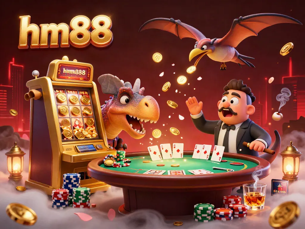 Experience the excitement at hm88 with a neon-lit casino scene showcasing playful dinosaurs and jackpot wins.