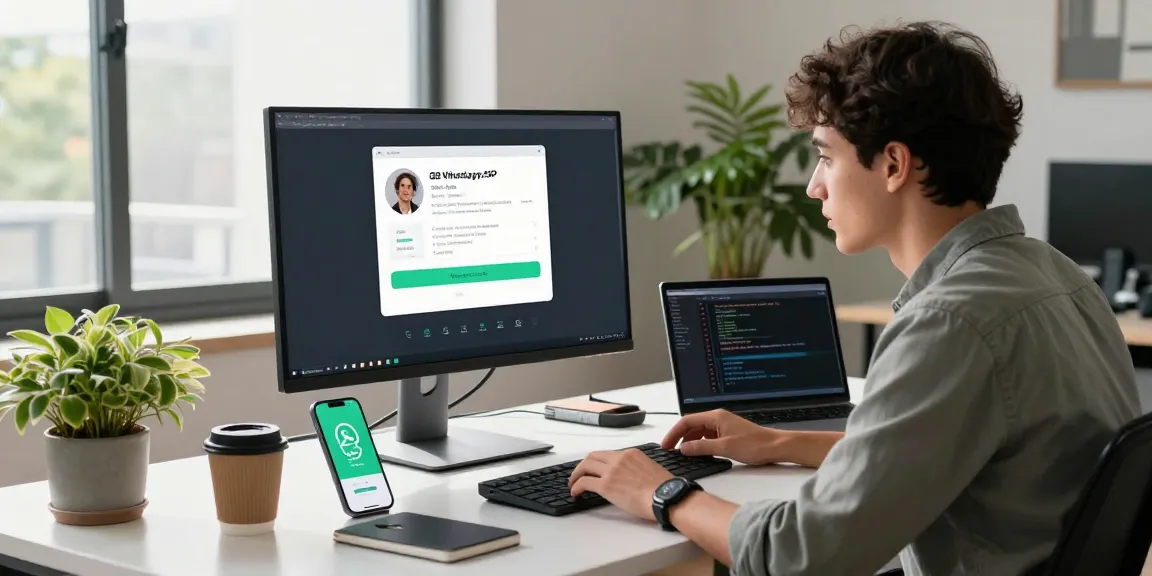 Professional using GB WhatsApp in modern workspace, tech gadgets, and vibrant office atmosphere.