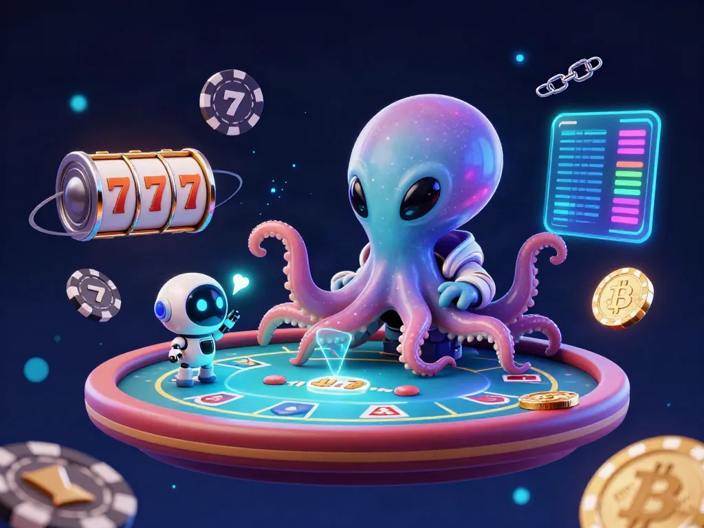 DEWAHOKI303 mempersembahkan suasana kasino yang menyenangkan dengan alien gurita dan robot bermain poker.