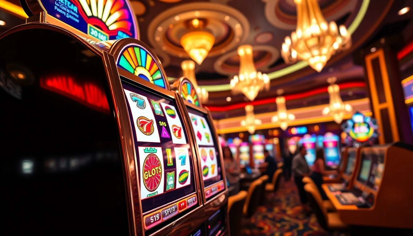 Slot Game yang memikat dengan mesin slot berkilauan di latar belakang kasino yang mewah.