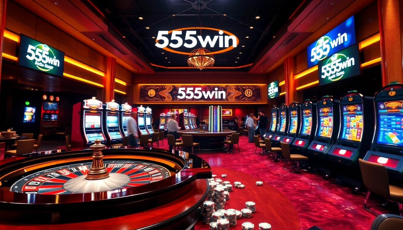 Experience the thrill of gambling at 555win com with luxurious casino visuals featuring roulette and slot machines.
