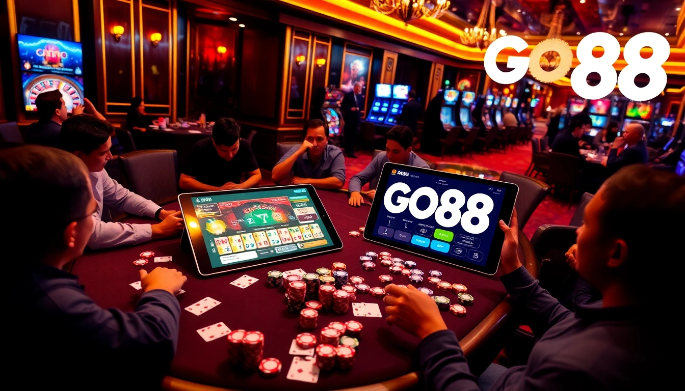 Experience thrilling gaming action at GO88 with casino tables, poker chips, and online interfaces.