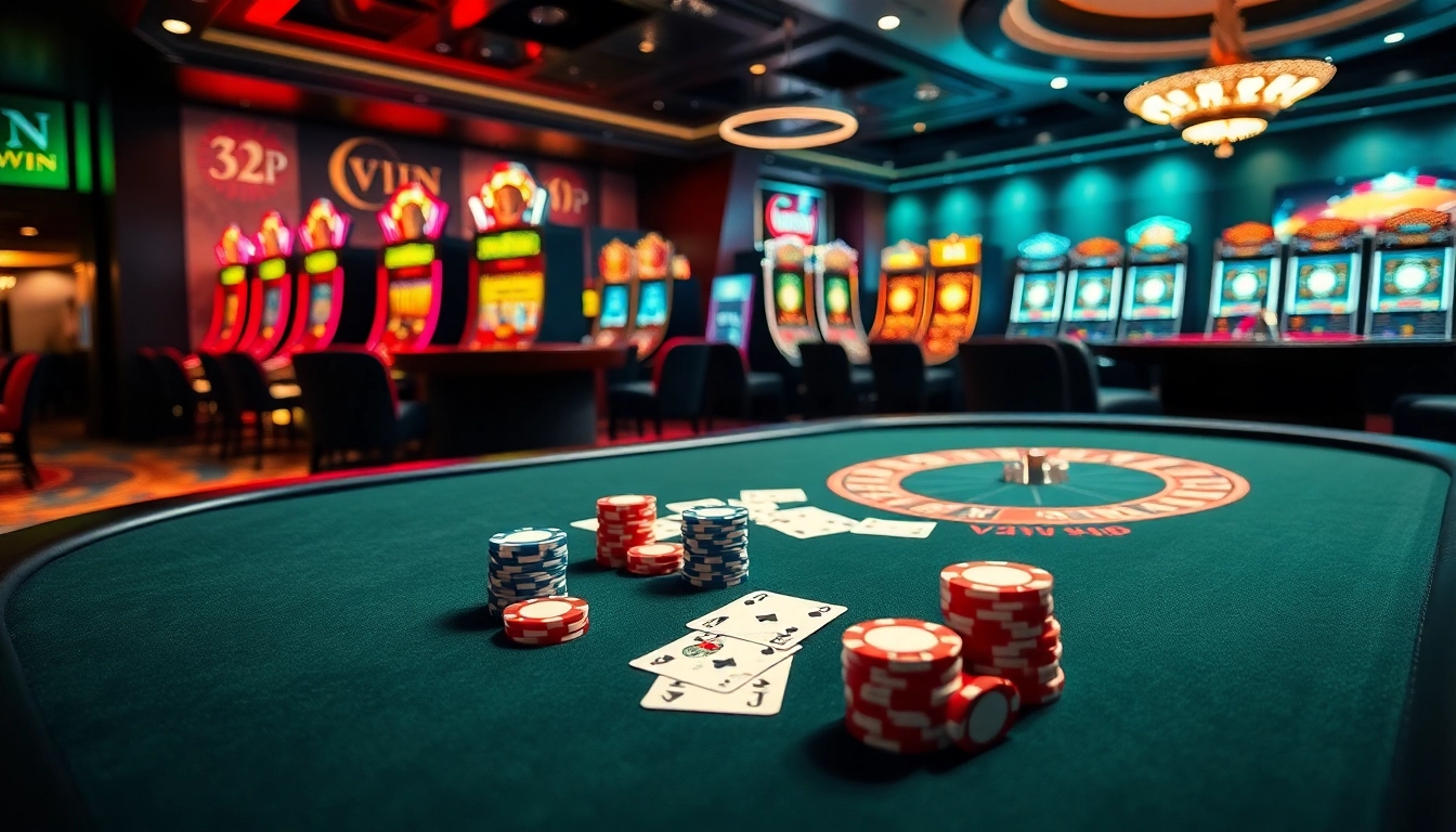 Engage in the excitement of 32WIN Vip with vibrant casino visuals showcasing a luxurious poker table setting.