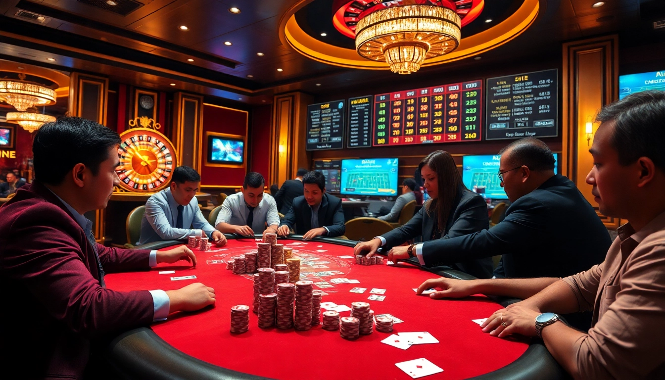 Experience thrilling gambling action at https://tylebongdatructuyen.org/ with players at a vibrant poker table.