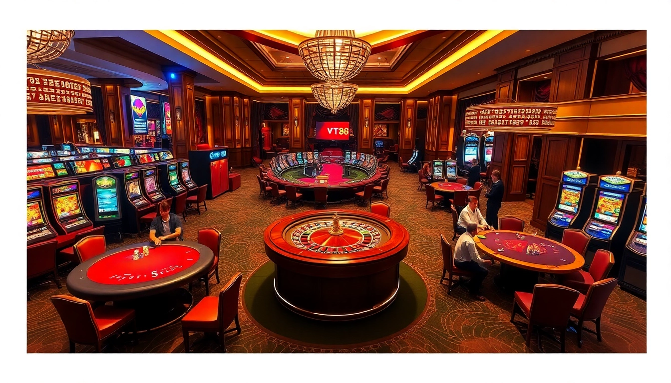 Engaged gamblers at VT 88 casino tables strategizing; vibrant environment with roulette wheels and slot machines.