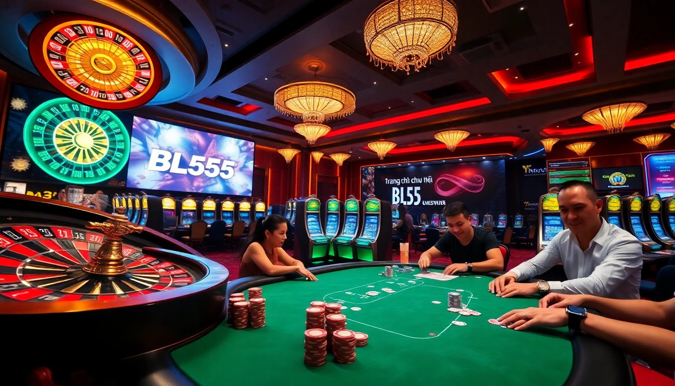 Exciting scene at Trang chủ BL555 showcasing engaging casino gameplay with poker chips and roulette.