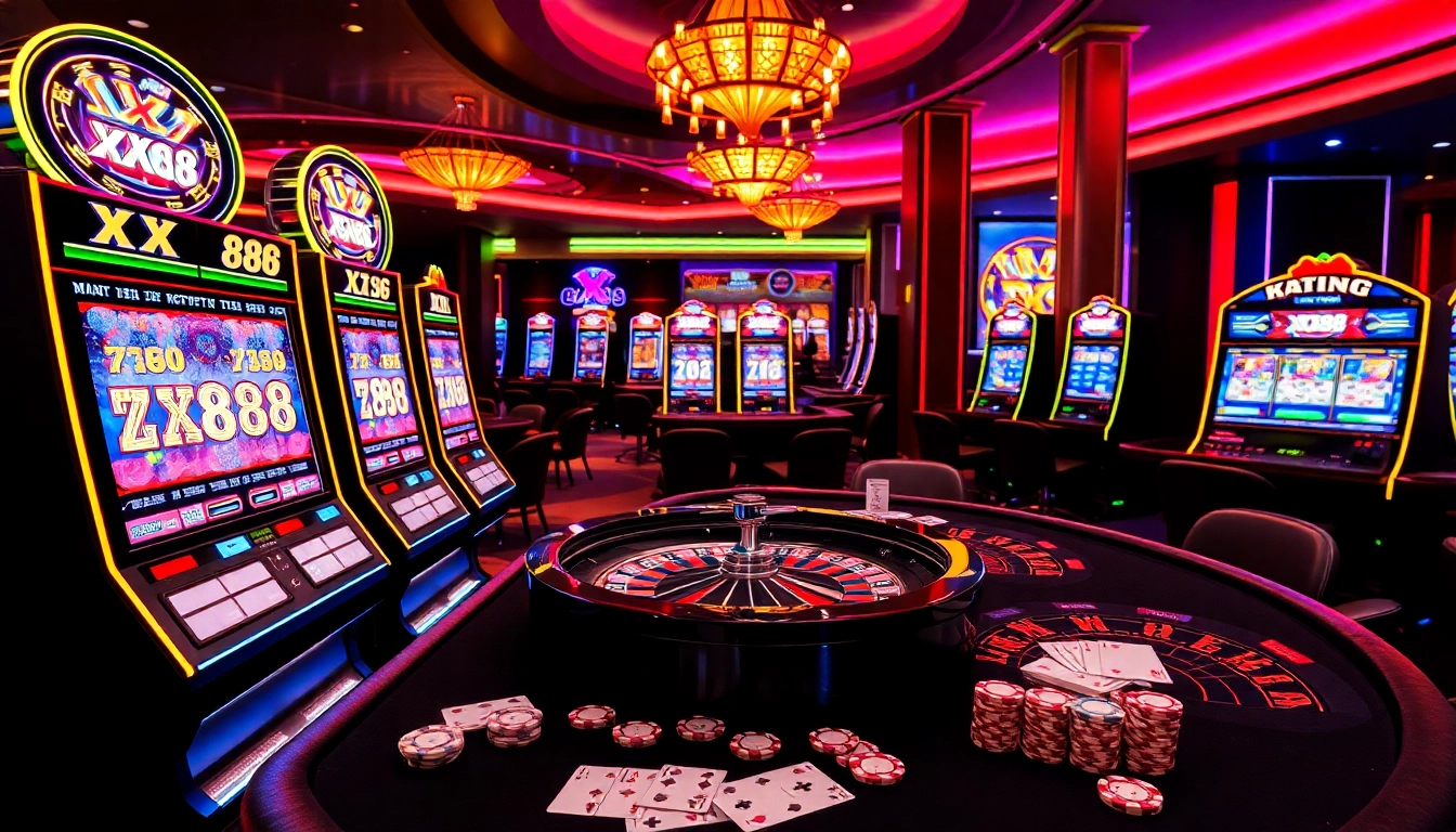 Experience the excitement of xx88 in a vibrant casino setting with slot machines and roulette.