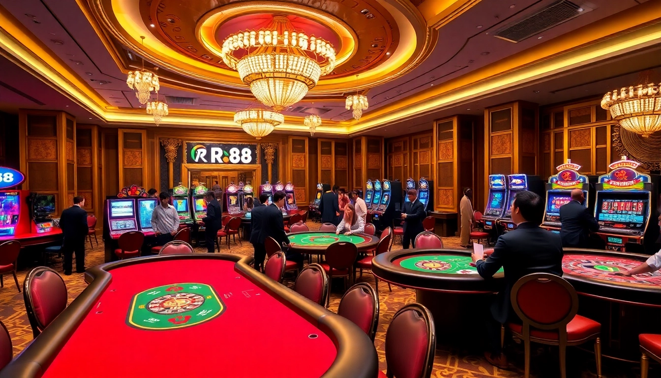 Experience thrilling gaming at RR88's luxurious casino, with tables and vibrant slot machines.