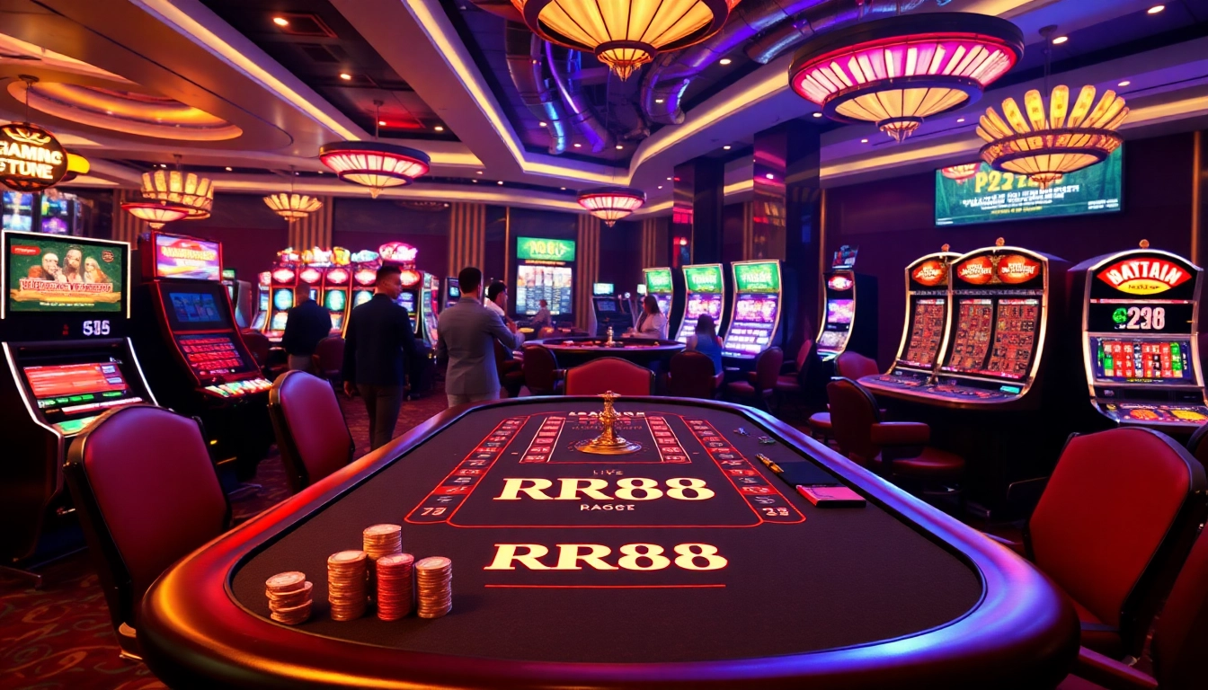 Players enjoying the RR88 casino experience with vibrant gaming tables and slot machines.