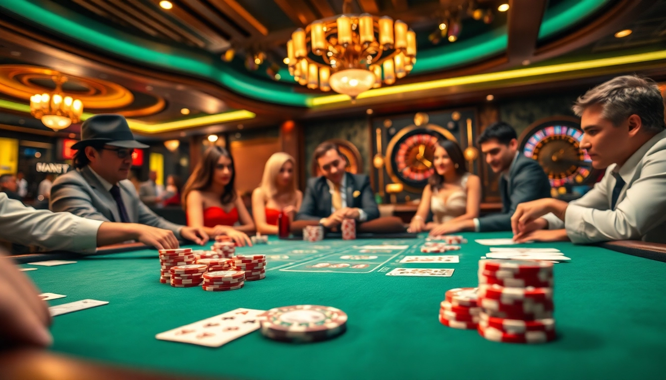 Rikvip poker players strategizing at an upscale casino table featuring vibrant chips and cards.