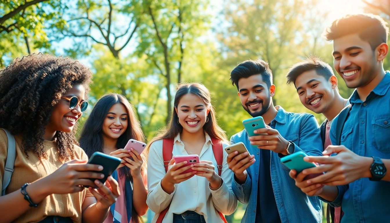 Exciting outdoor scene of diverse young adults passionately playing yono games on smartphones, depicting joy and engagement.