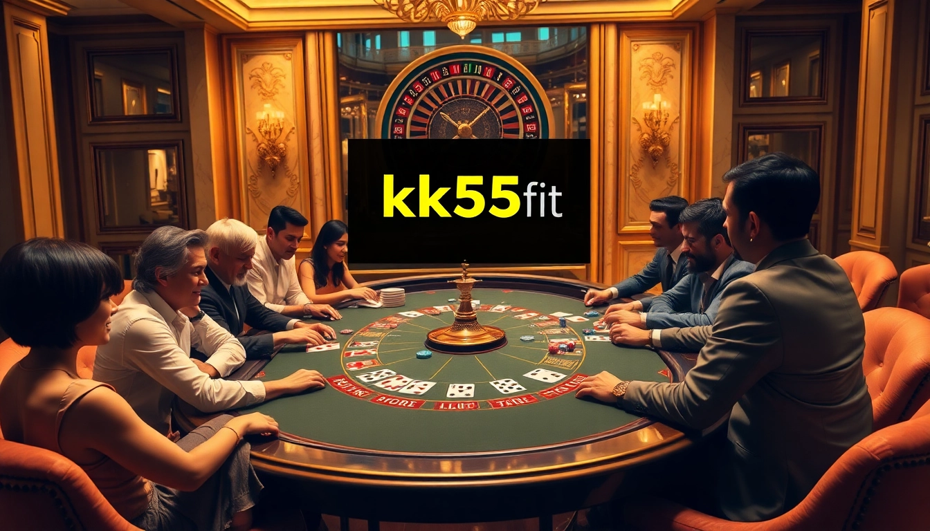 Players strategizing at a luxury poker table, connected to kk55.fit for online gaming excitement.