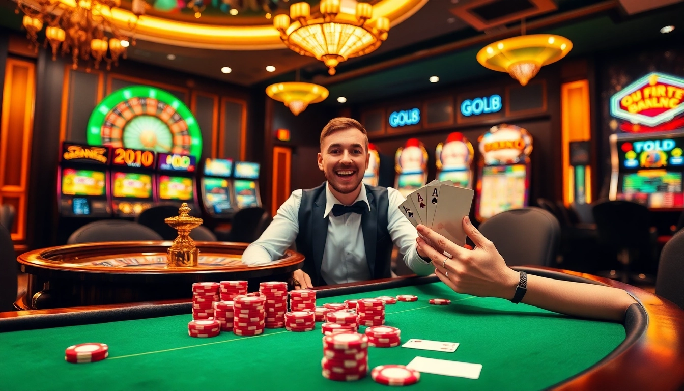 Experience thrilling gameplay at go88 with vibrant casino elements like poker chips and slot machines.
