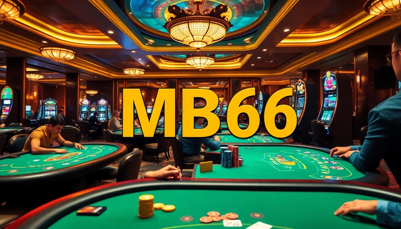 Players engaging in thrilling casino games at MB66, featuring poker tables and vibrant slots.