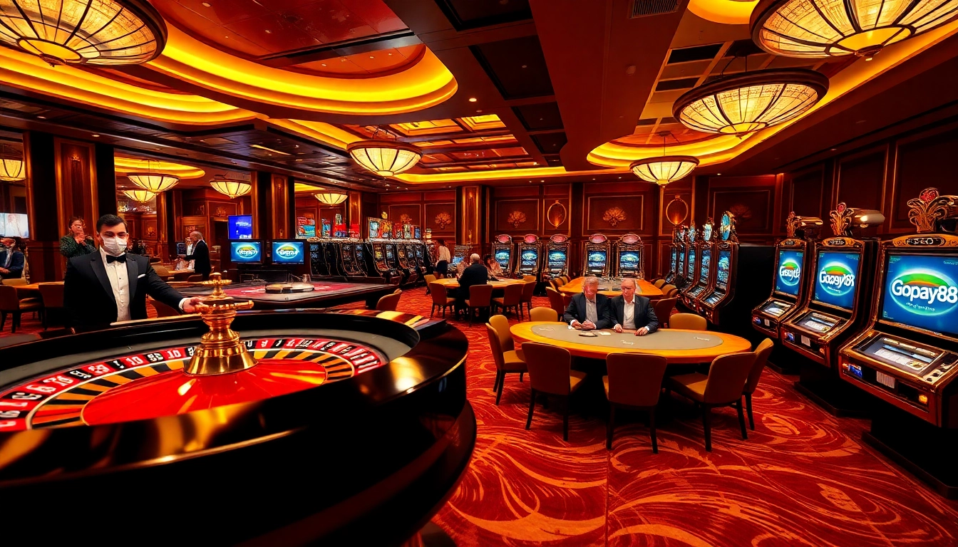 Gopay88 gaming excitement in an elegant casino with roulette and poker tables.