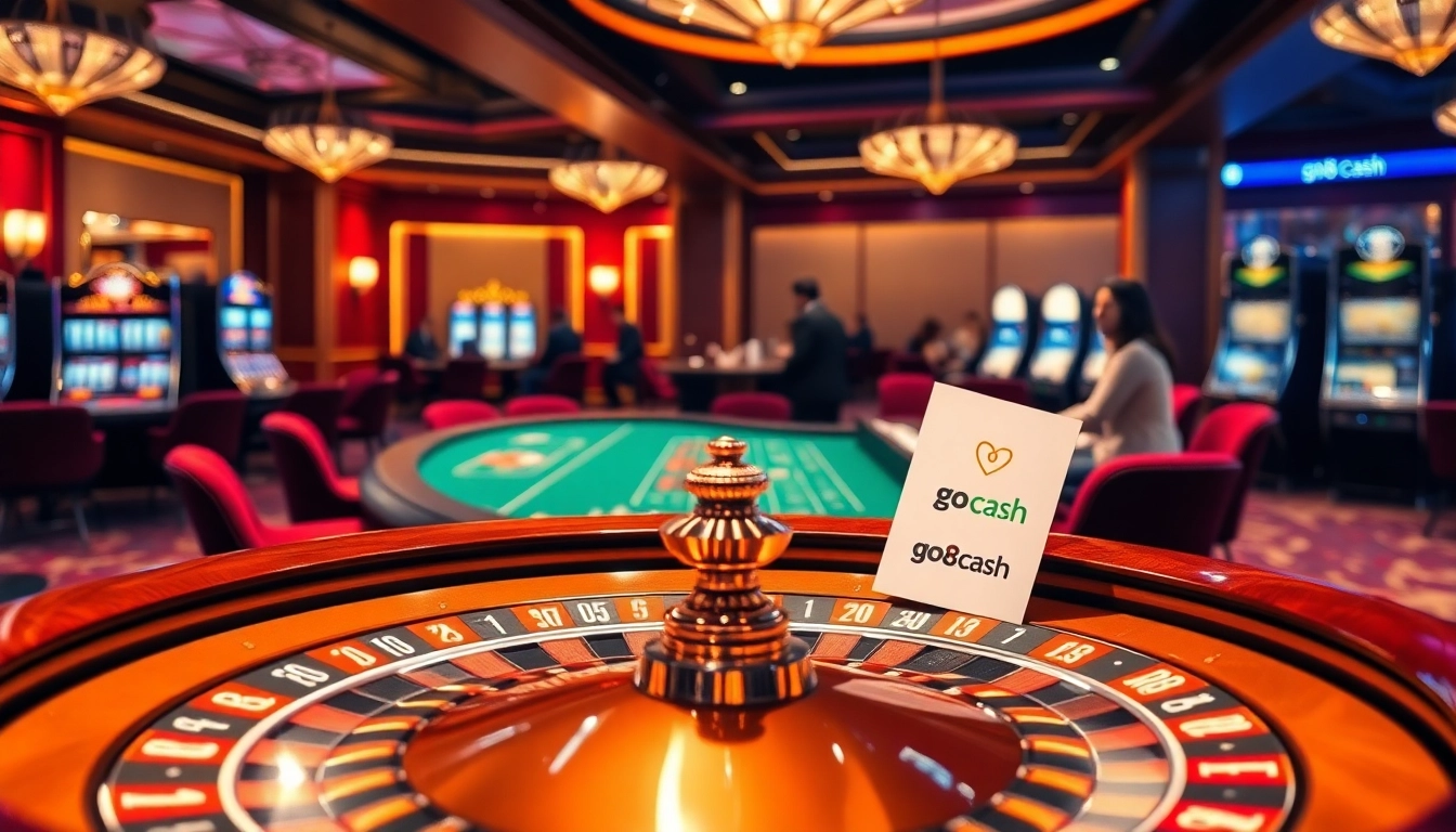 Experience thrilling gameplay at https://go8.cash/ with a vibrant casino scene showcasing roulette and blackjack tables.