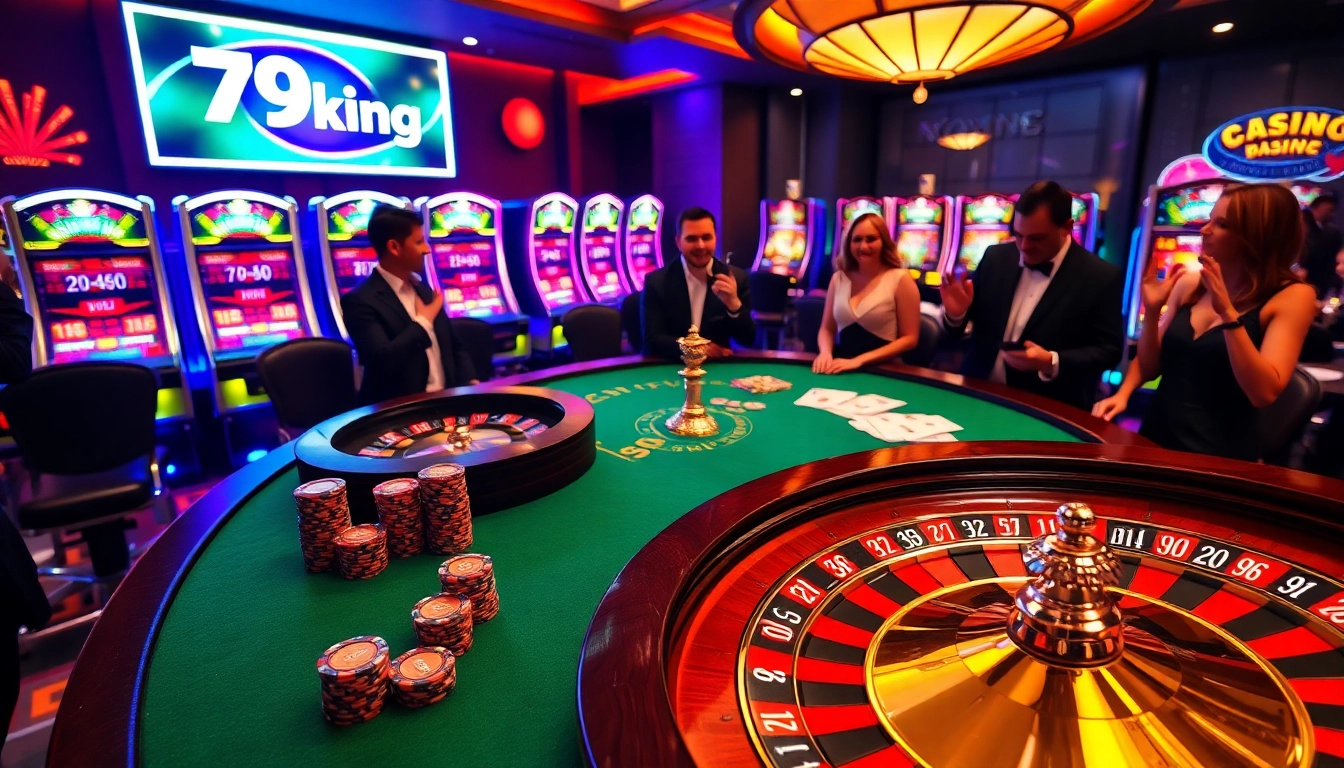 Exciting casino scene with 79king poker chips and roulette wheel showcasing high-stakes gambling.