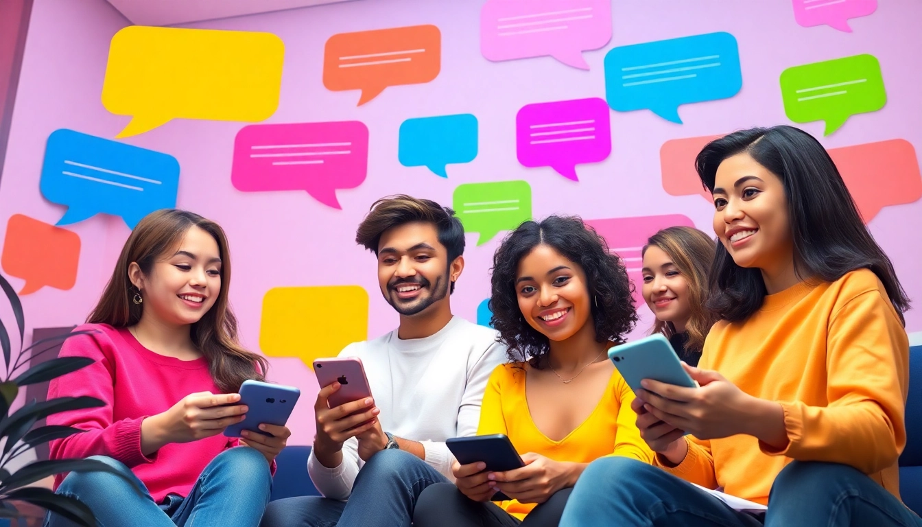 مشهد غرفة دردشة رقمية تفاعلية يبرز تفاعلات شات تعب قلبي بين شباب وشابات من خلفيات متنوعة.