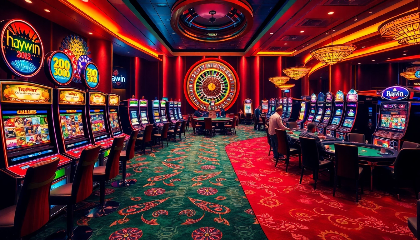 Experience the excitement of playing casino games at haywin with vibrant slot machines and poker tables.