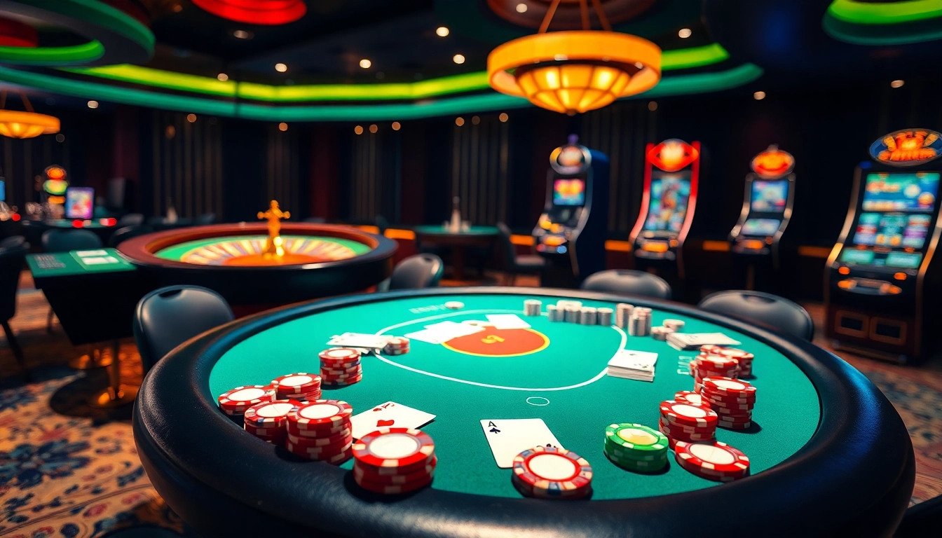 Engaging casino setting showcasing poker elements and a roulette wheel at KK55.blue.