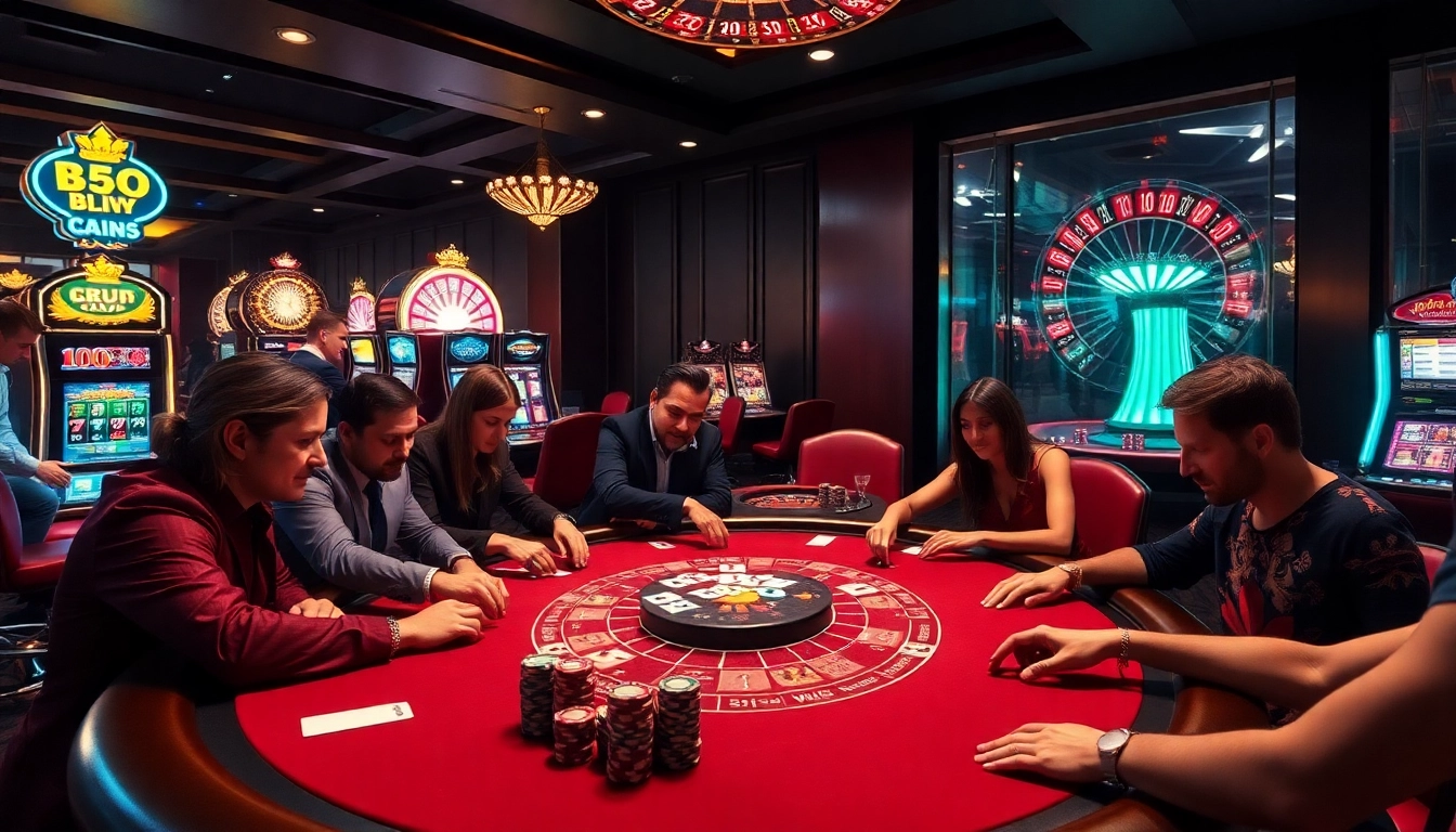 Players enjoying high-stakes poker action at b52club's luxurious casino tables.